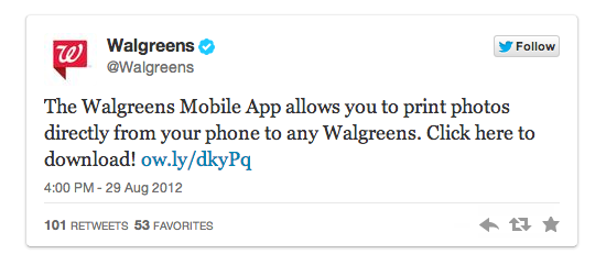 Tweet Walgreens z prośbą o pobranie